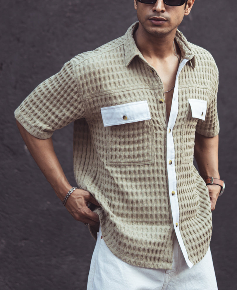 Pista Green Structured Waffle Oversized Half Sleeves Shirt.