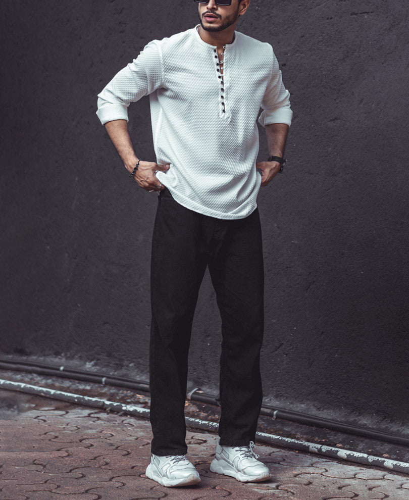 White Textured Kurta Style Shirt.