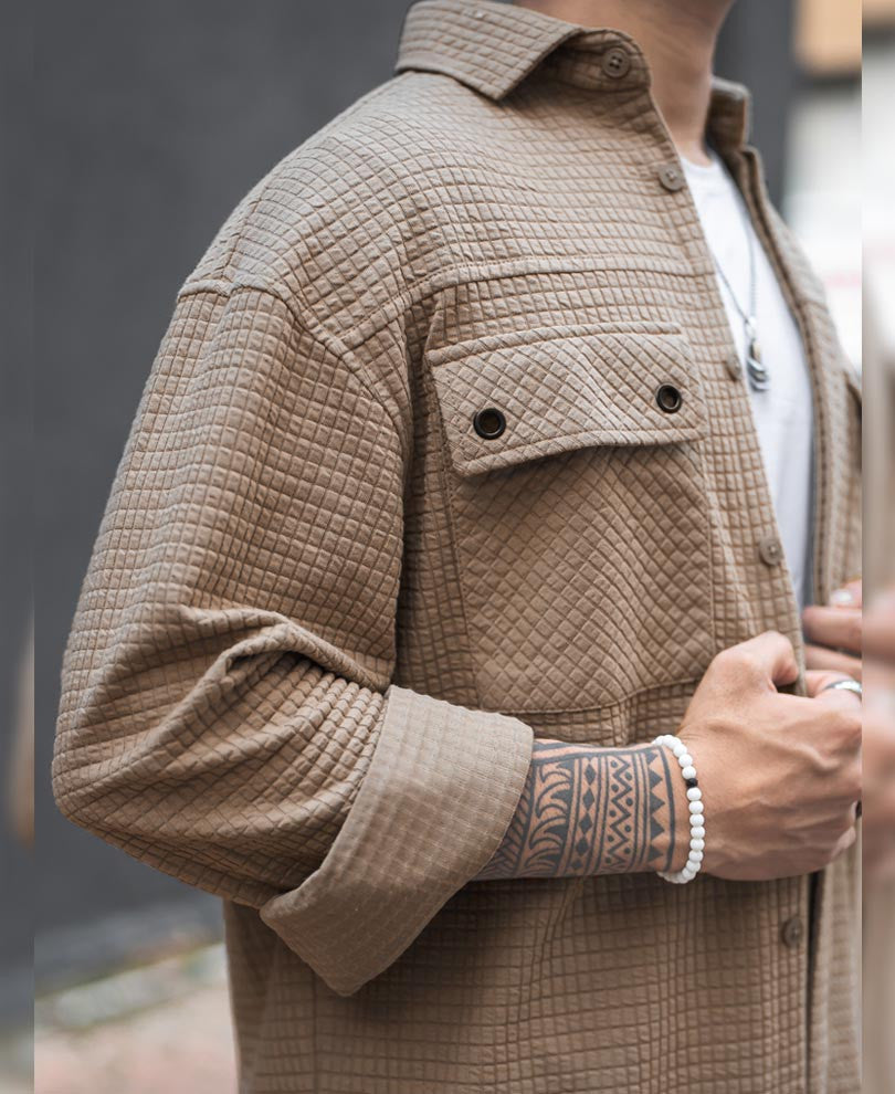 Camel Structured Double Pockets Shacket Oversized Shirt.