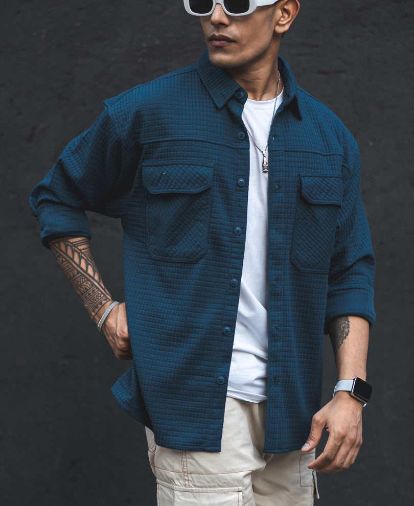 Teal Blue Structured Knit Shacket Oversized Shirt.