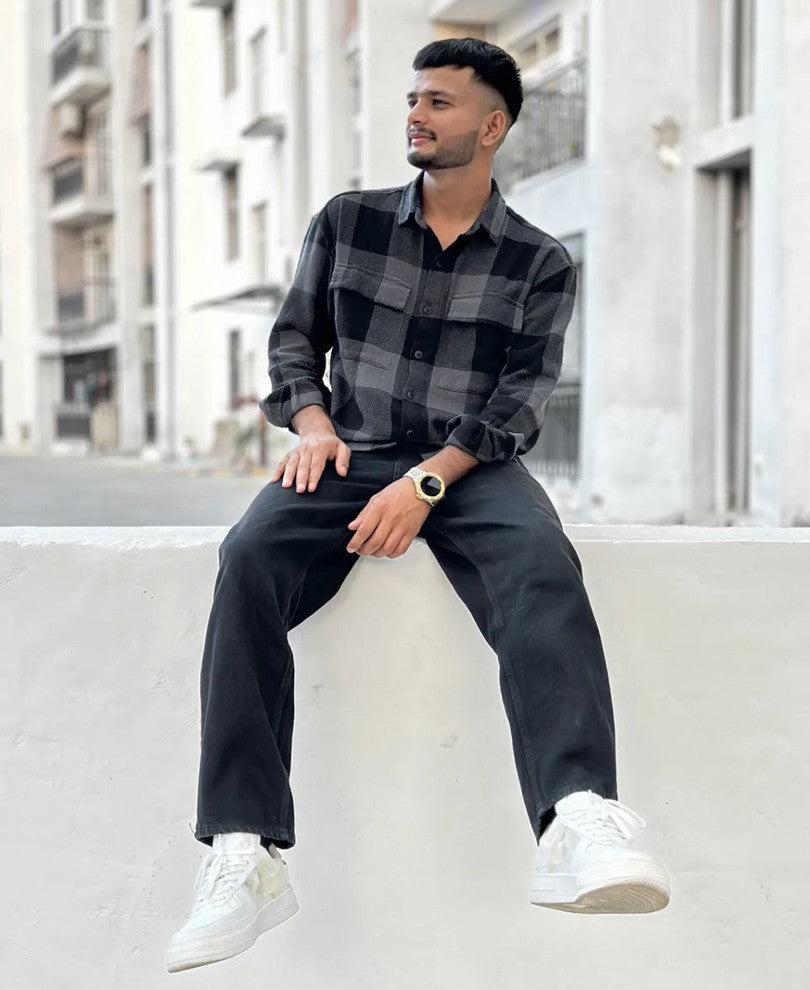 Charcoal Black Checks Structured Oversize Drop Shoulder Shirt.