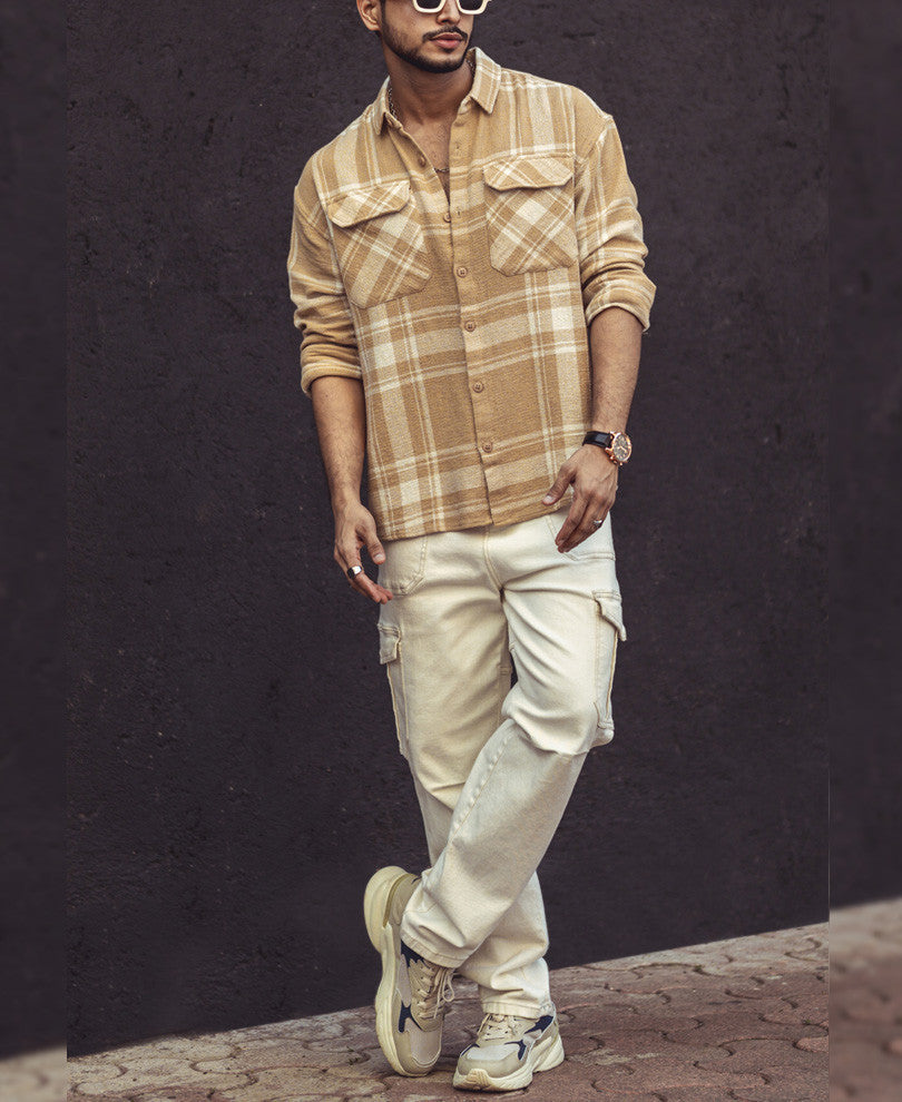 Beige and White Checks Oversize Drop Shoulder Shirt.