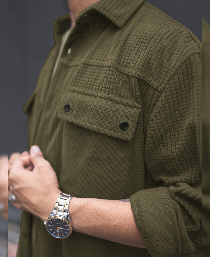 Olive Green Structured Knit Oversized Shirt.