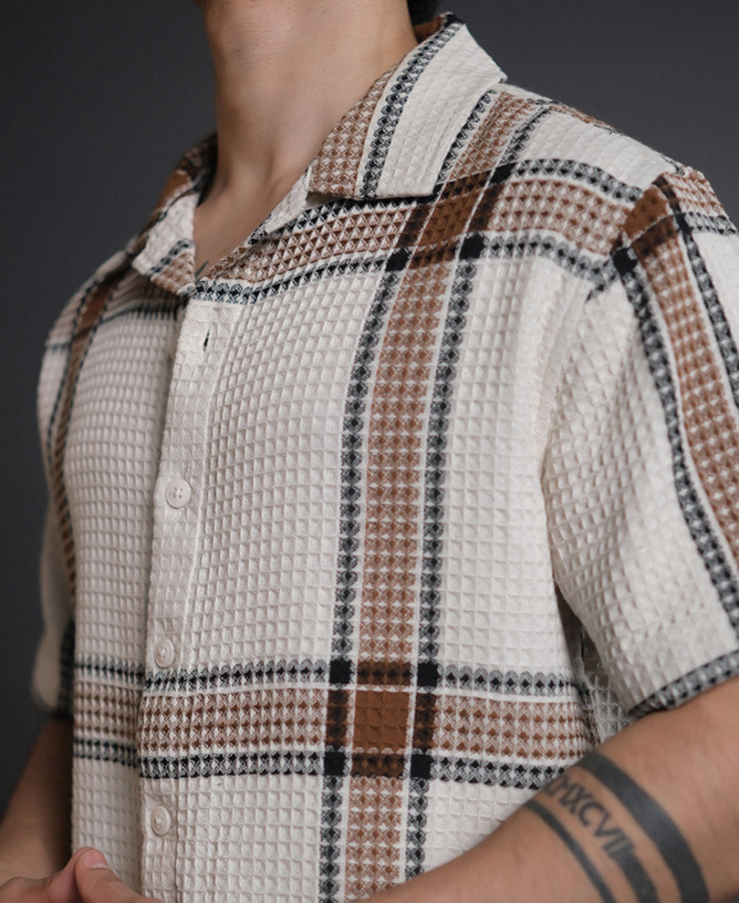 Off White and Brown Structured Checks Half Sleeves Shirt.