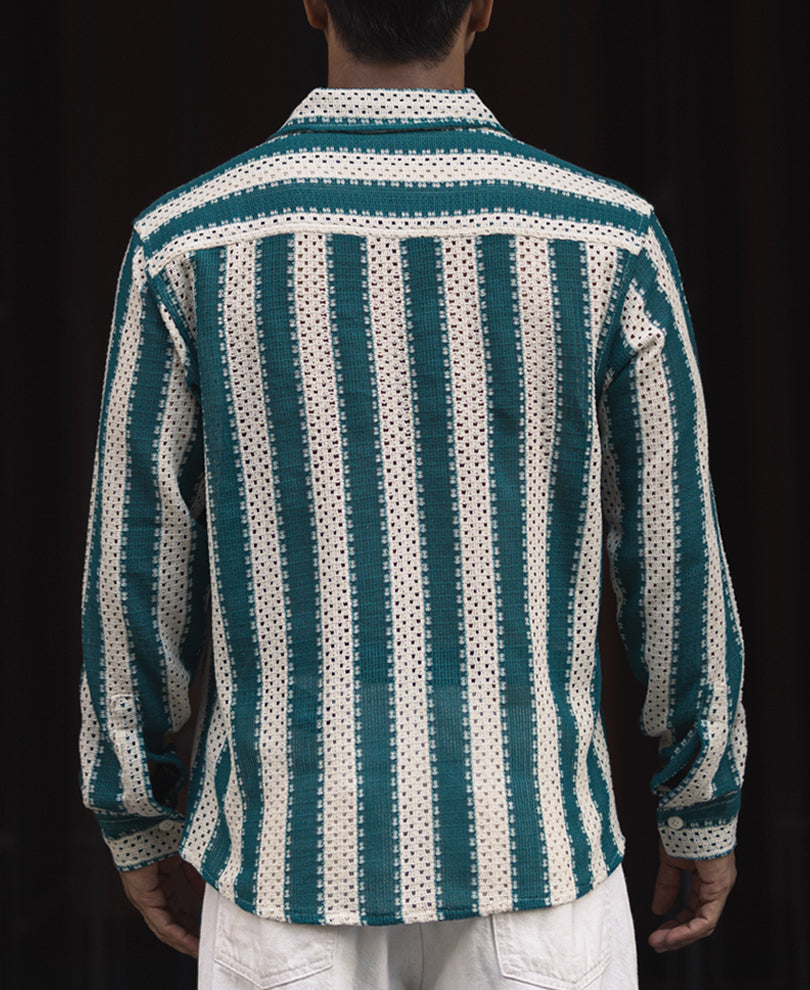 Sea Green and Off White Crochet Striped Regular Fit Full Sleeve Shirt.