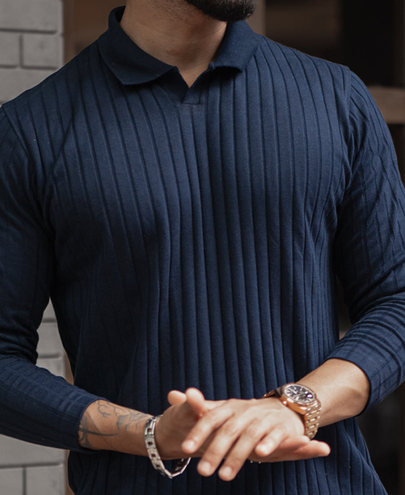 Navy Blue Regular Fit Full Sleeves T-Shirt.