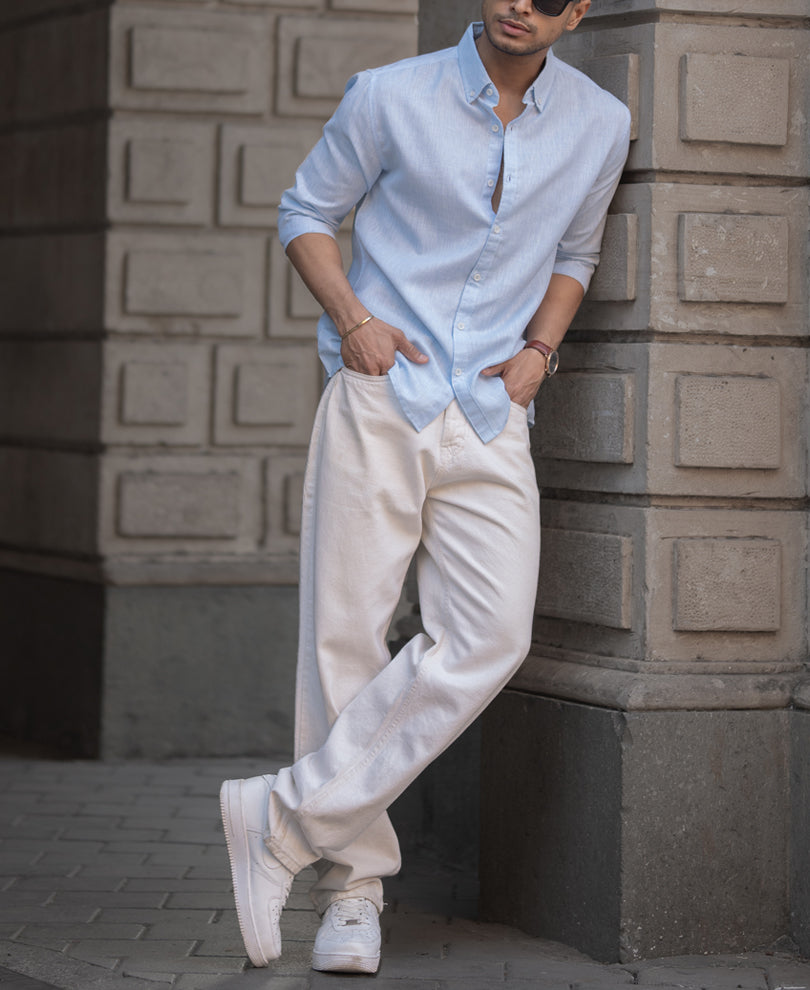 Sky Blue Plain Regular Fit Full Sleeves Shirt.