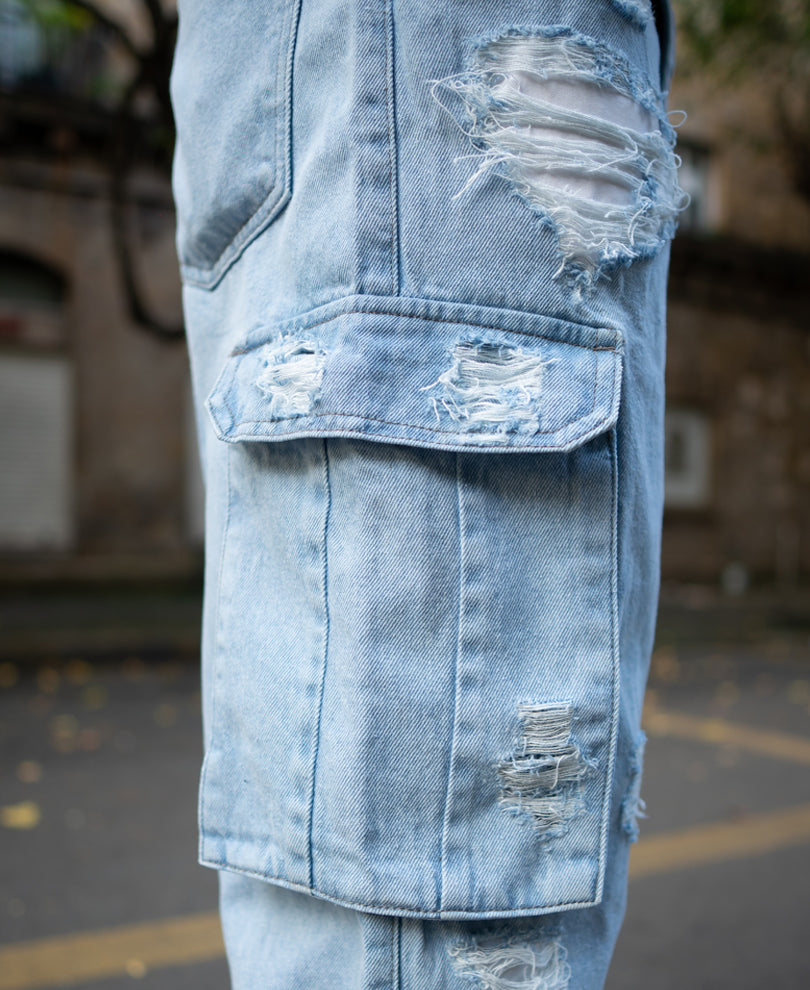 Ice Blue Baggy Fit Distressed Cargo Jeans.