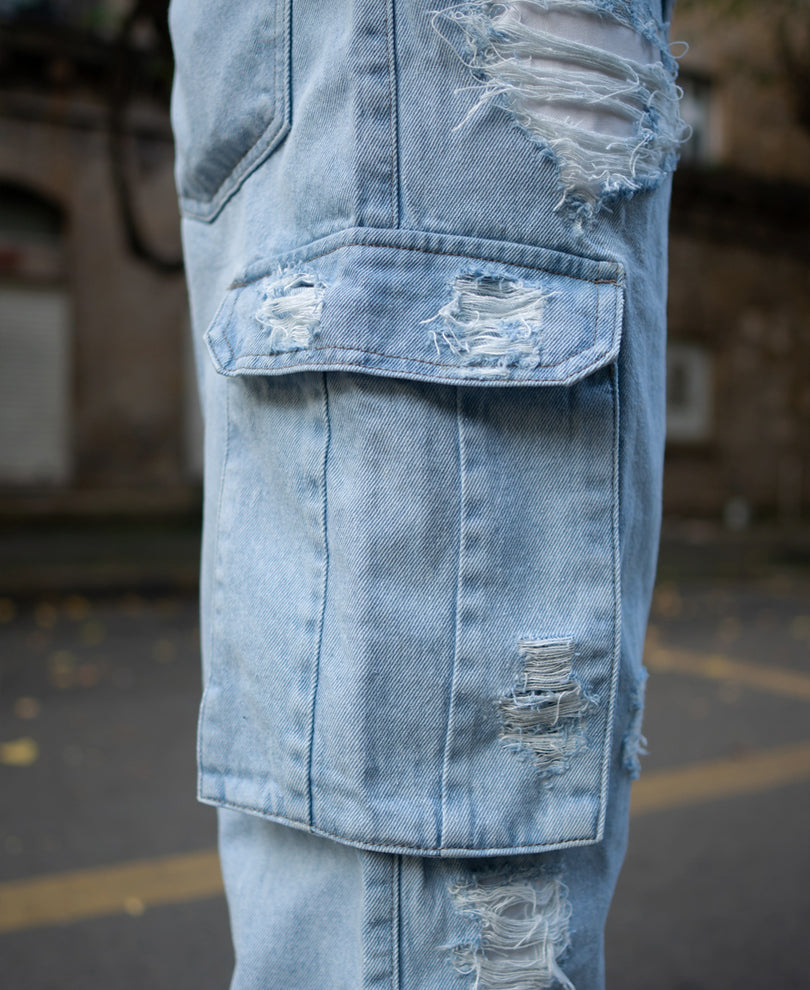 Ice Blue Baggy Fit Distressed Cargo Jeans