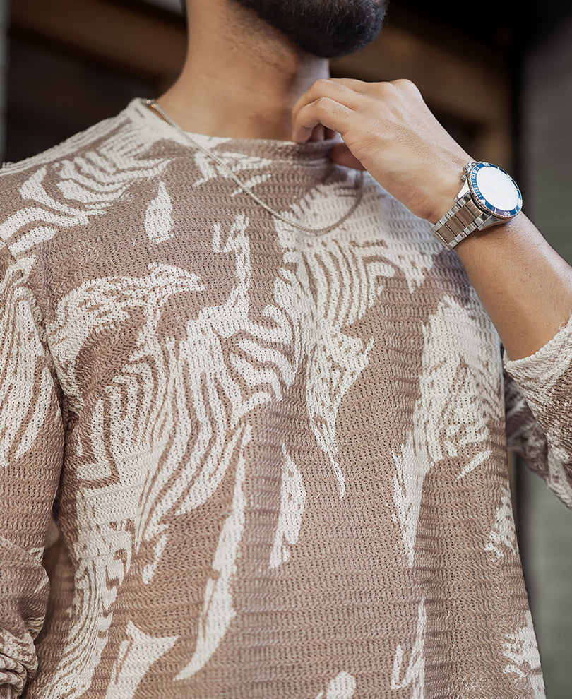 Off-White And Brown Regular Fit Printed Full Sleeves T-Shirt.