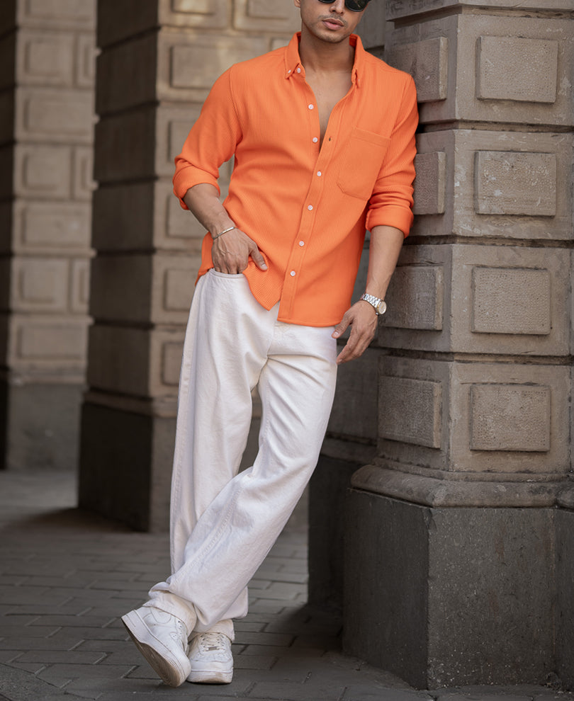 Orange Corduroy Regular Fit Full Sleeves Shirt.