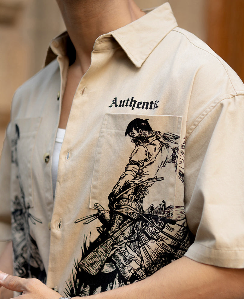 Beige Cowboy Print Boxy Shirt.