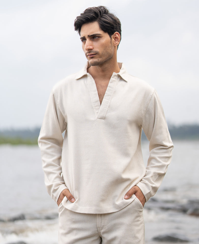 Cream Structured Cotton Kurta Shirt.