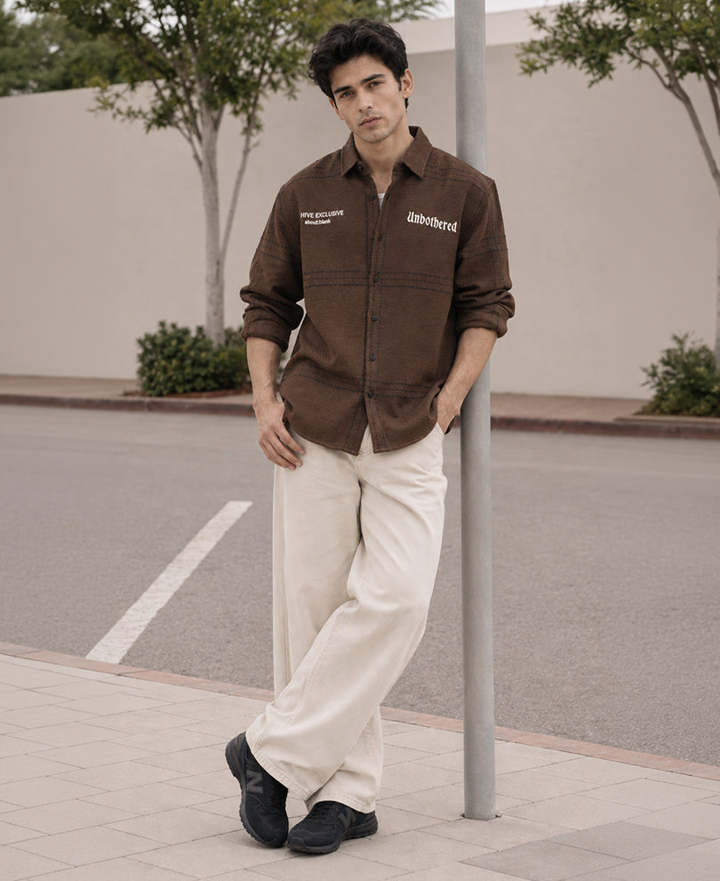 Brown Embroidered Checks Overshirt