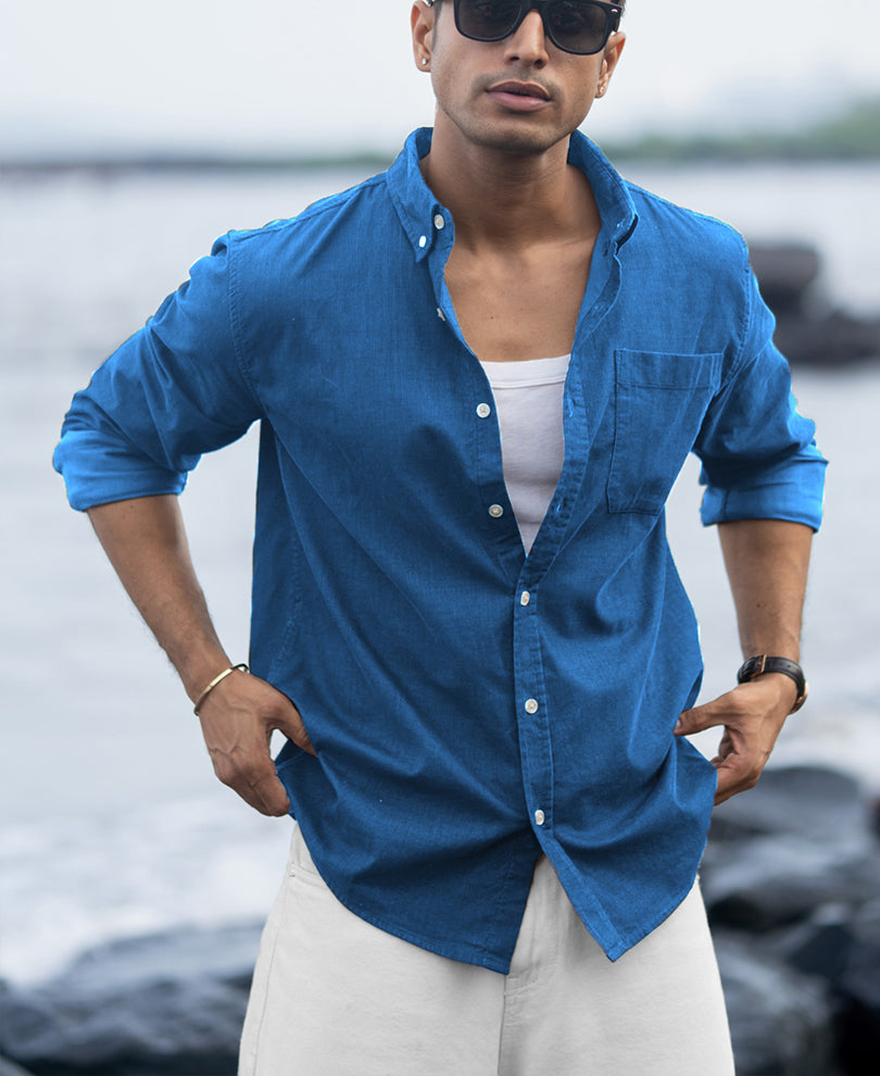 Cerulean Blue Linen Blend Shirt.