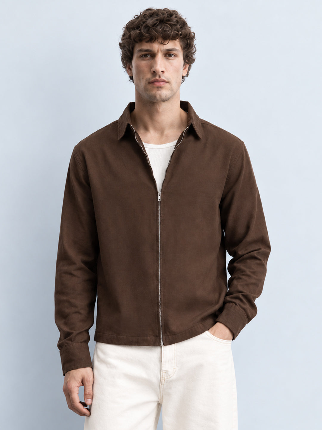 Brown Linen Blend Zipper Shirt