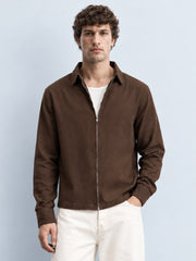 Brown Linen Blend Zipper Shirt