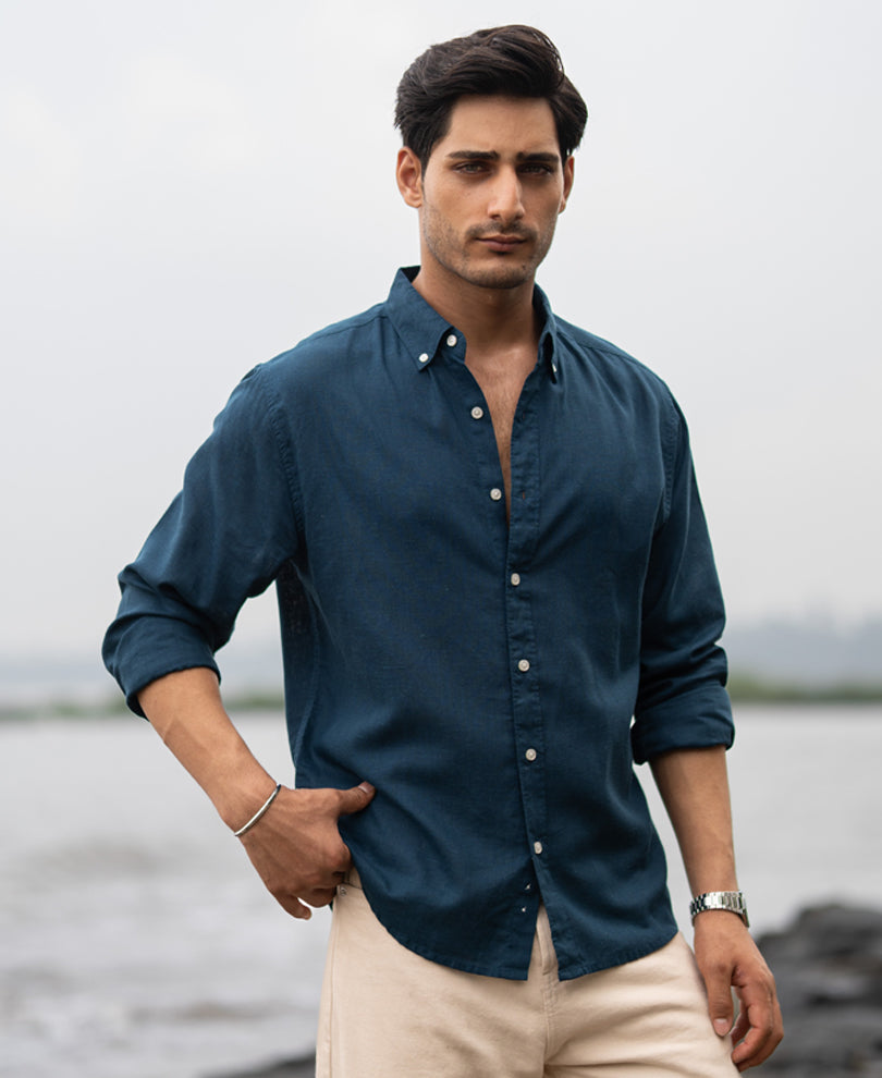 Dark Teal Linen Blend Shirt.
