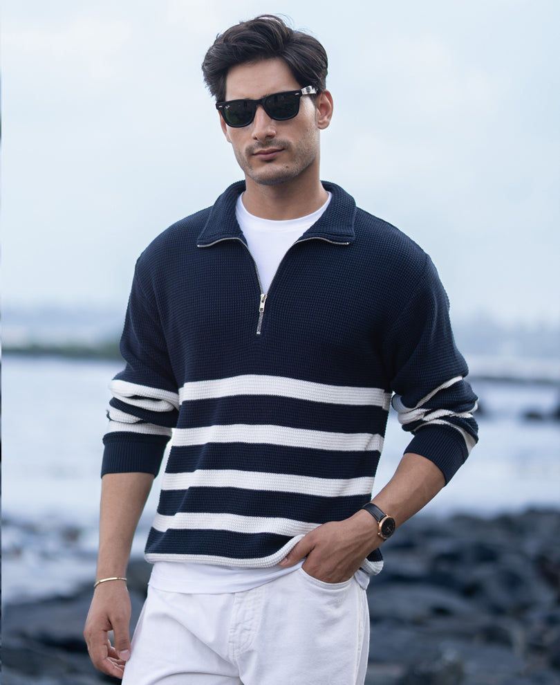 Navy Striped Zipper Neck T-Shirt.