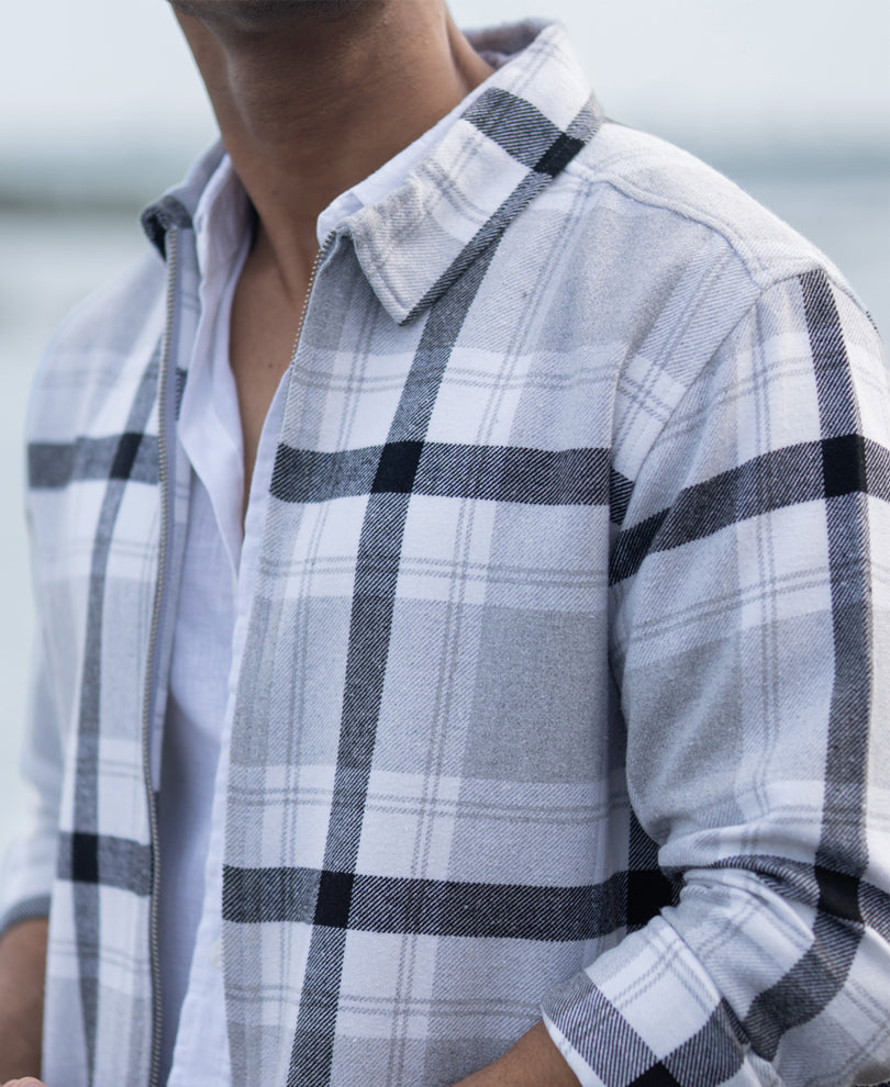 Grey Checks Zipper Shirt.