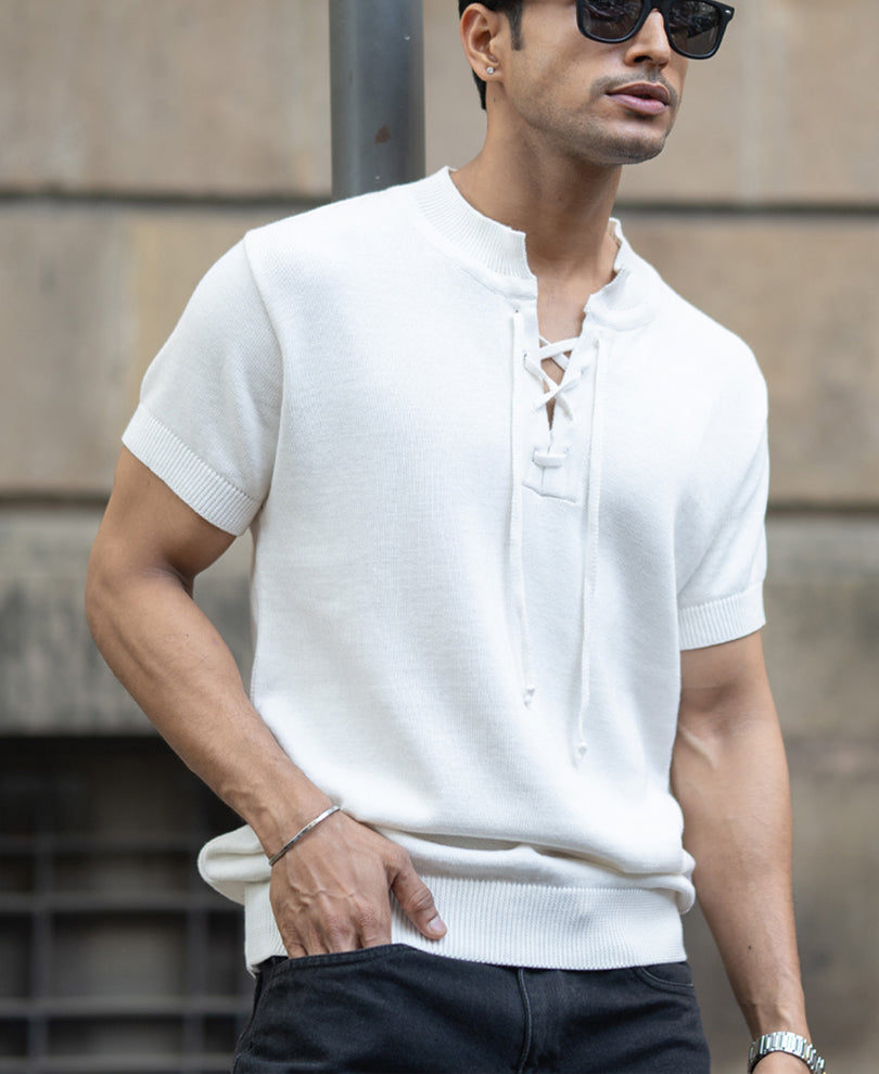 White Knitted Regular Fit Henley T-Shirt.