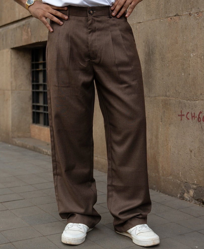 Brown Pleated Baggy Trousers