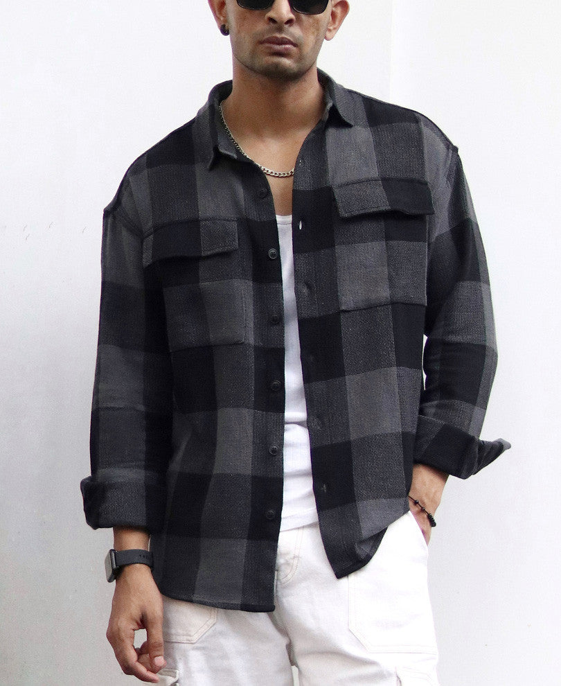 Charcoal Black Checks Structured Oversize Drop Shoulder Shirt.