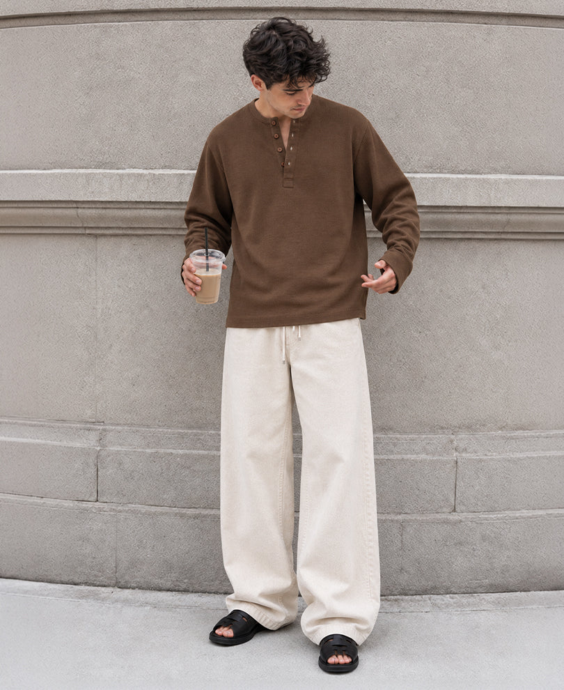 Brown Rib Knit Henley T-Shirt