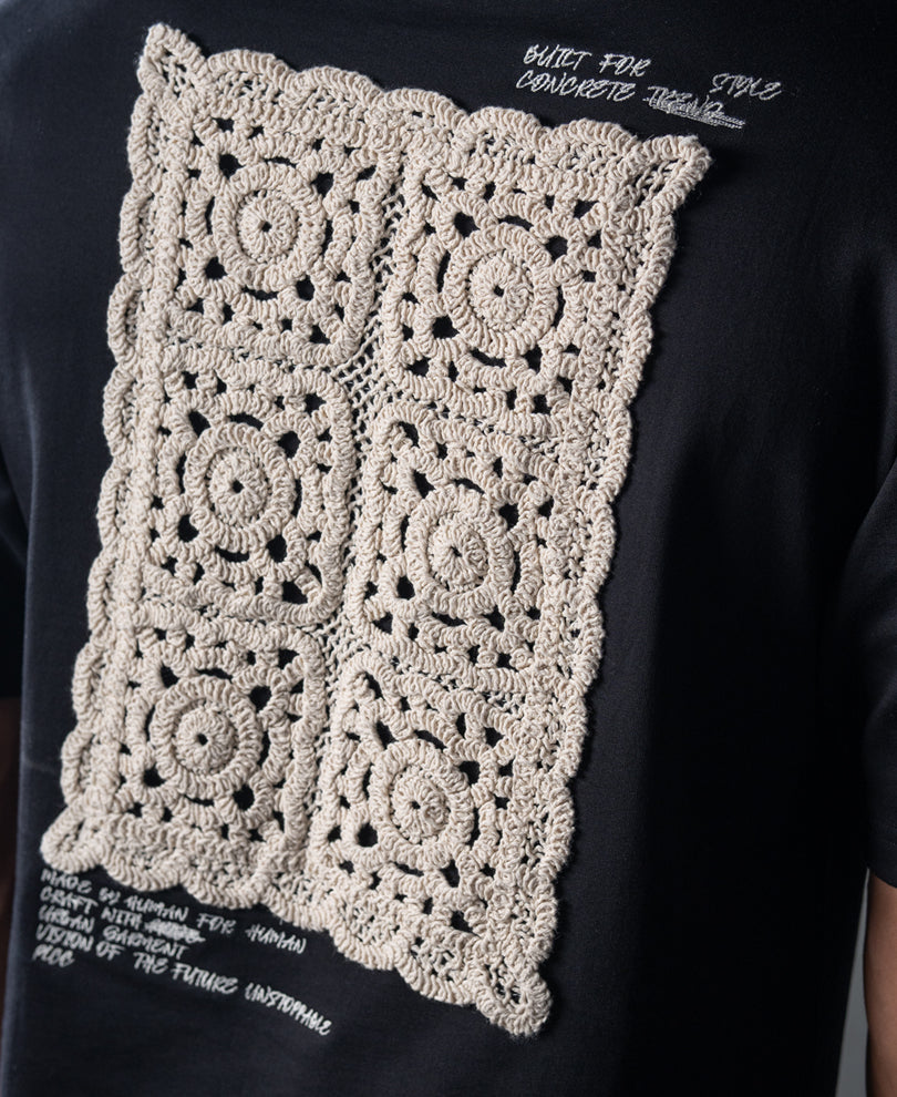 Black Crochet Patch Embroidered T-Shirt.