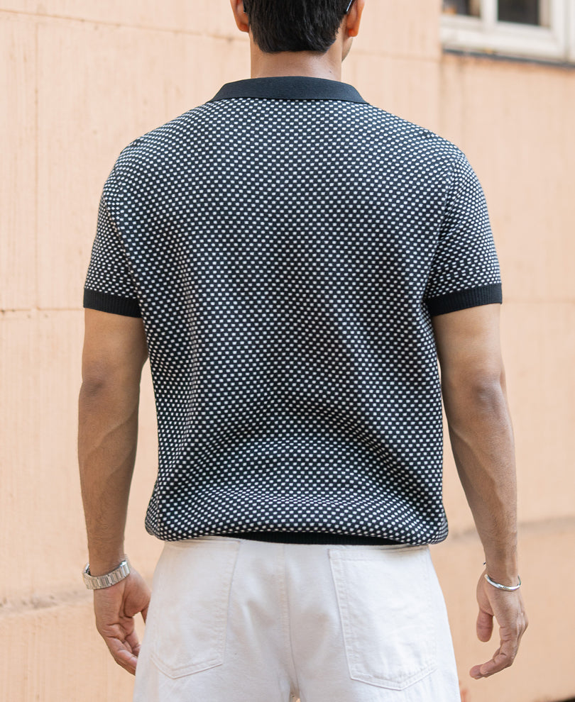 Black Jacquard Knit Polo T-Shirt.