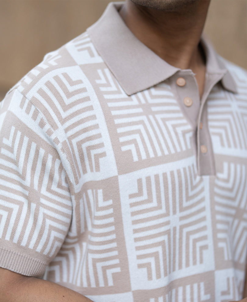 Beige Geometric Jacquard T-Shirt.
