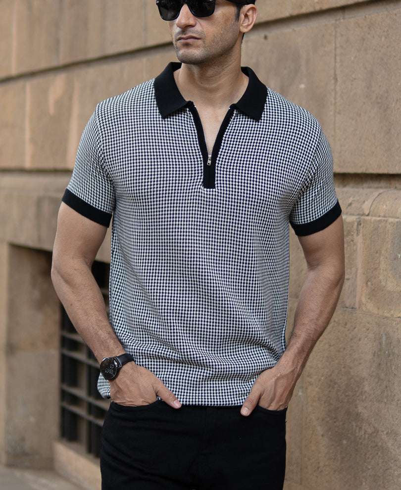 Black And White Knit Polo T-Shirt.