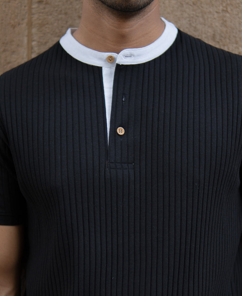 Black Contrast Collar Henley T-Shirt.
