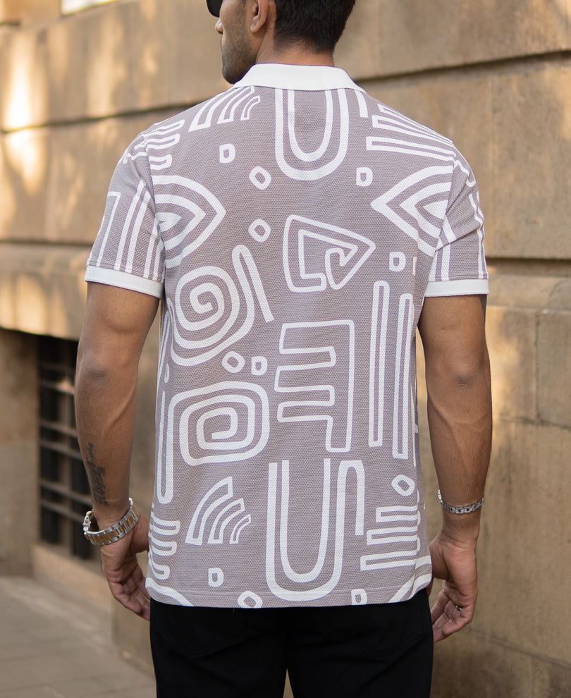 Grey Contrast Printed Polo T-Shirt.