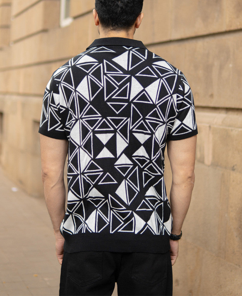 Black Geometric Knit Polo T-Shirt.