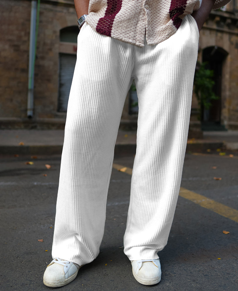 Cream Waffle Baggy Fit Track Pant.