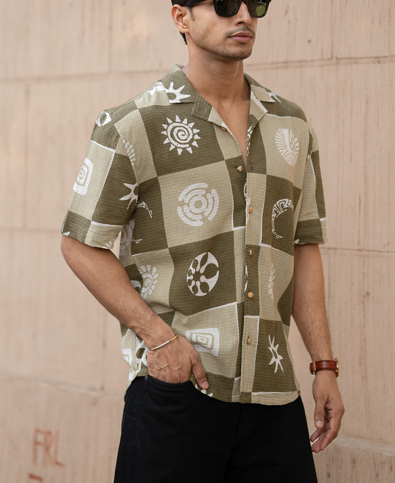 Green Structured Cuban Printed Shirt.