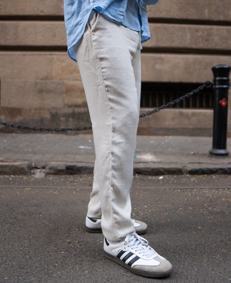 Beige Self Stripe Linen Pant.