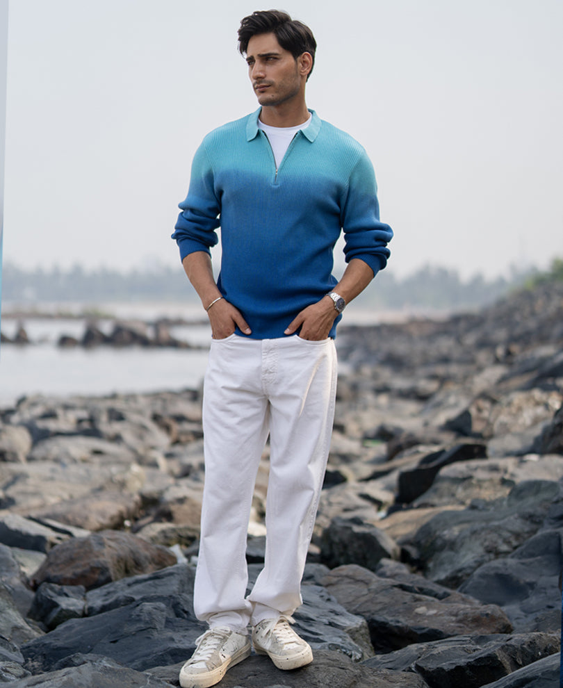 Blue Ombre Structure Cotton T-Shirt.