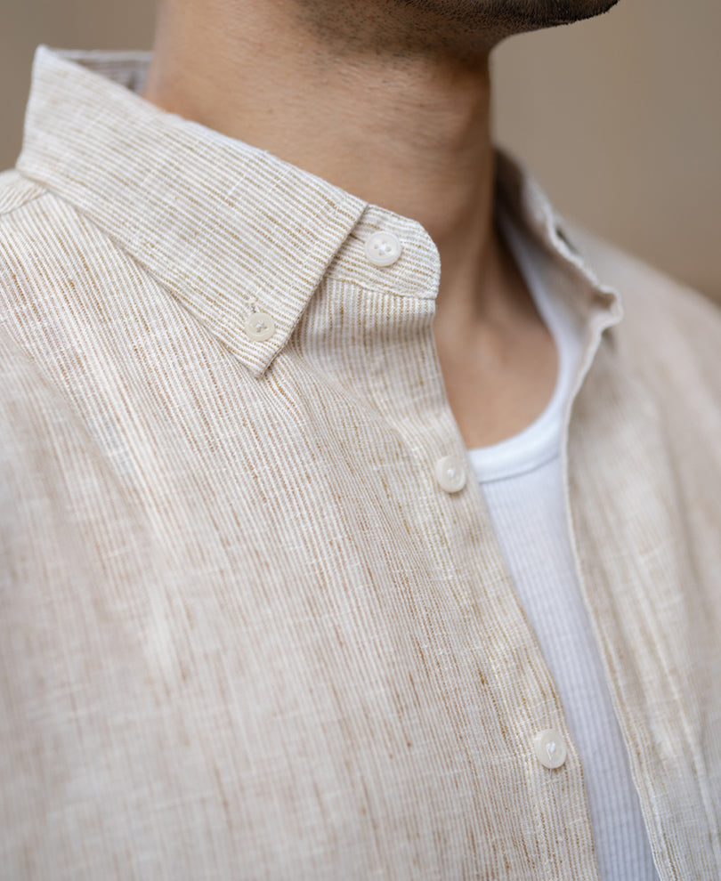 Beige Slub Stripe Shirt.