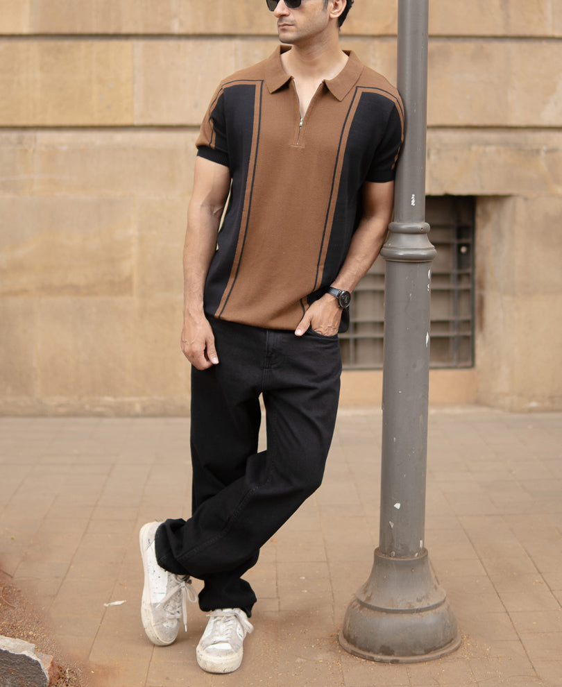Brown And Black Panelled T-Shirt.
