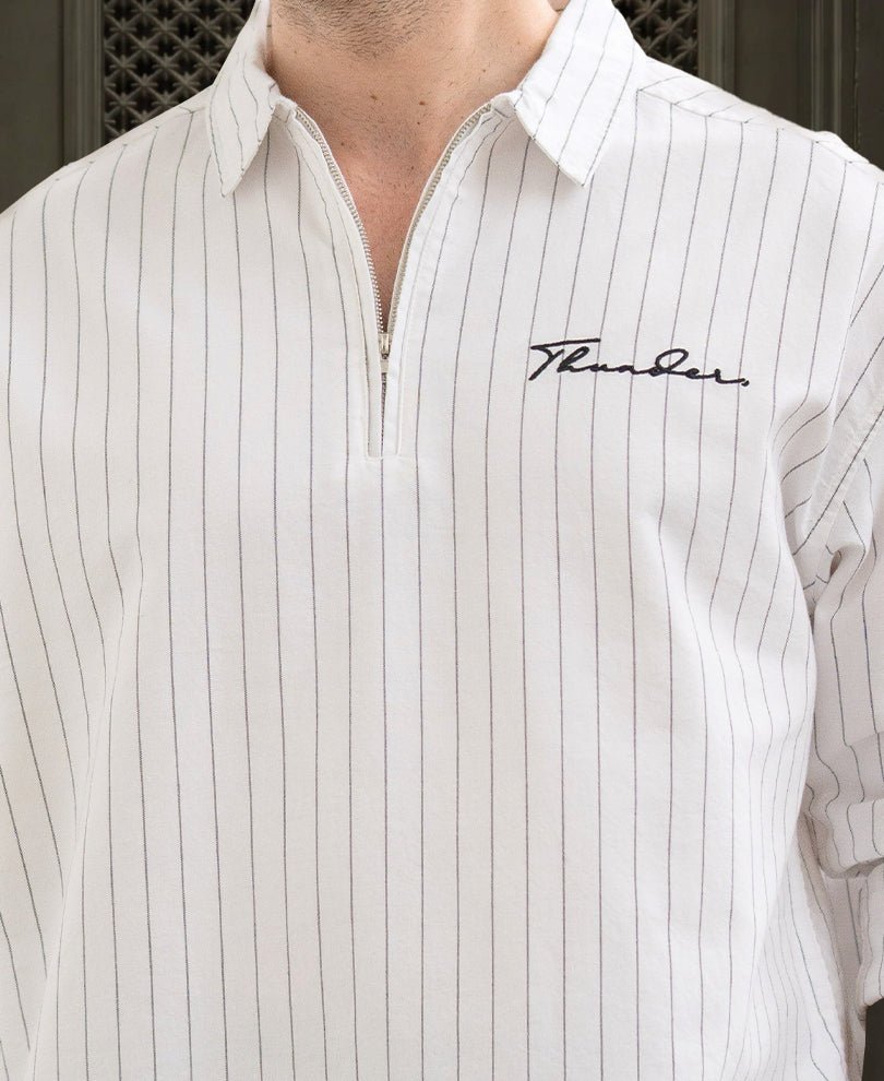 White Striped Embroidered Zipper Shirt 100% Cotton