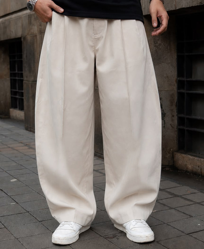 Beige Pleated Barrel Fit Trousers