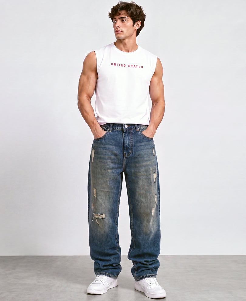 Dark Blue Baggy Distressed Jeans