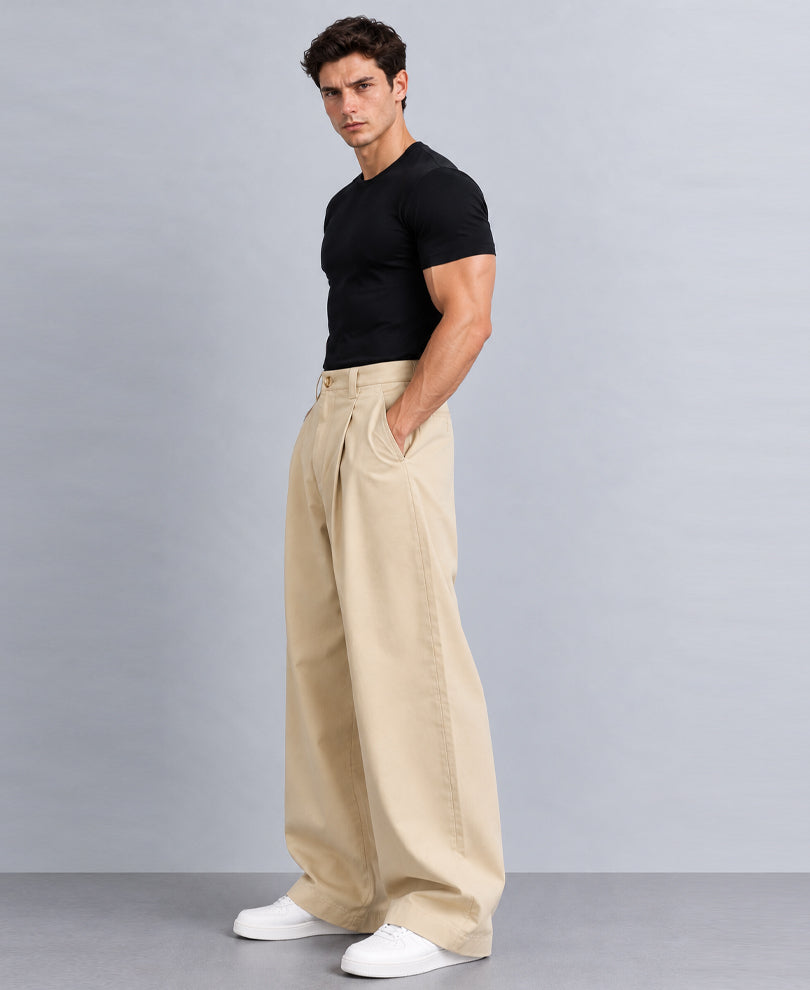 Beige Pleated Barrel Fit Trousers