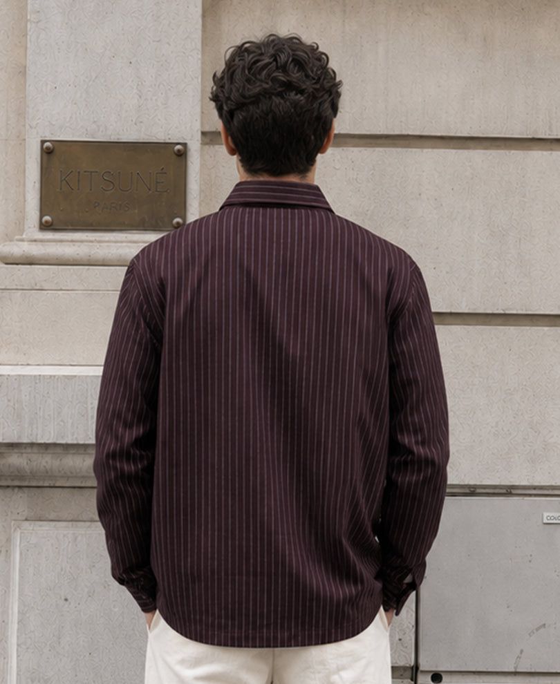 Brown Oxford Stripe Zipper Shirt