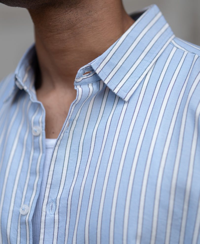 Blue Cotton Oxford Stripe Shirt.