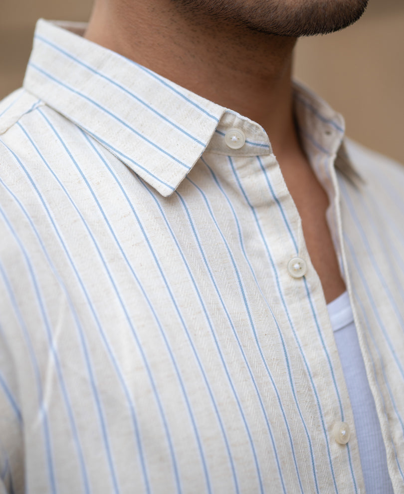 Blue & Beige Linen Stripe Shirt.