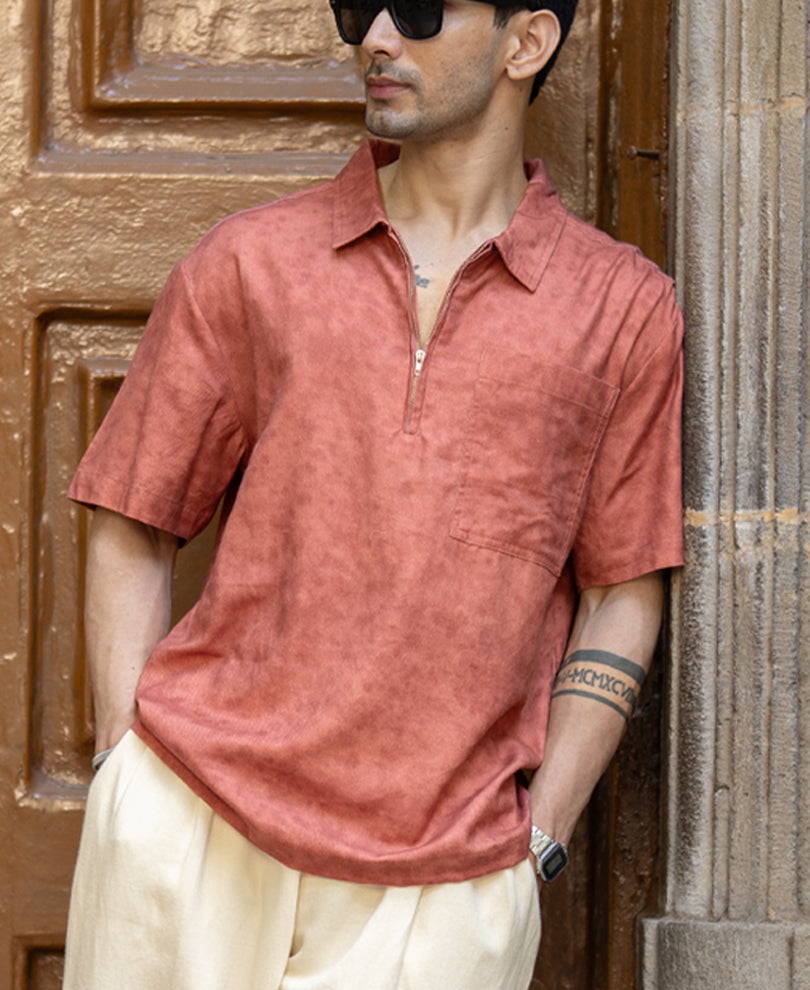 Rust Wash Effect Zipper Shirt