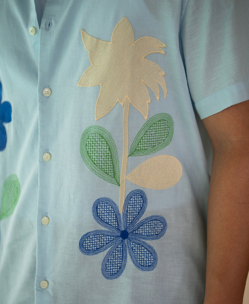 Blue Floral Embroidery Shirt 100% Cotton